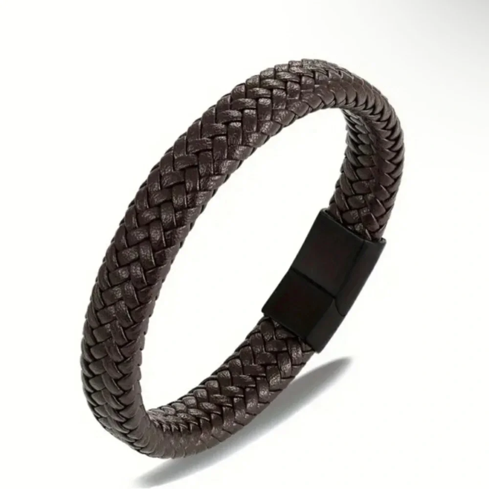 Mens Braided Genuine Leather Bracelet Black Magnetic Buckle 8.2 Inch Cord Wrap
